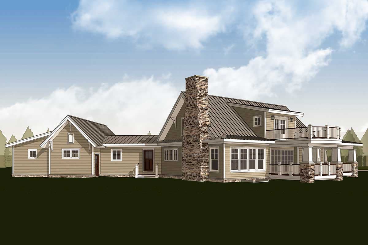 House plan exterior: Ranch-style home with metal roof, stone chimney, multiple gables, and wraparound porch with second-story balcony.