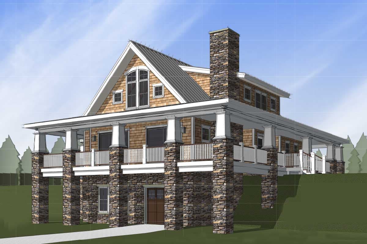 House plan exterior. Two-story with stone columns and foundation, gable roof, covered porch, and a stone chimney.