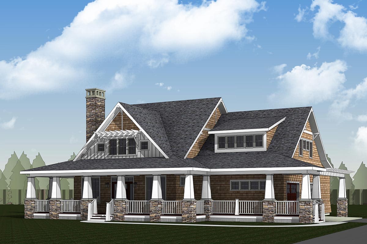 Craftsman style house plan exterior with full wrap-around porch, stone chimney, dormers, and gables.