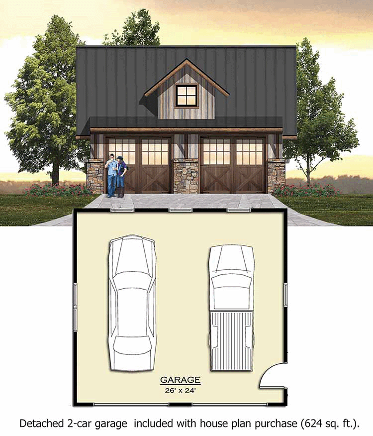 Plan 18701CK: Two Decks - Floor Plan - Detached Garage - Cottage, Log Cabin, Mountain, Rustic, Vacation