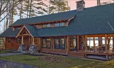 Rustic 3-Bed Lake House Plan with Outdoor Living Room with Fireplace
