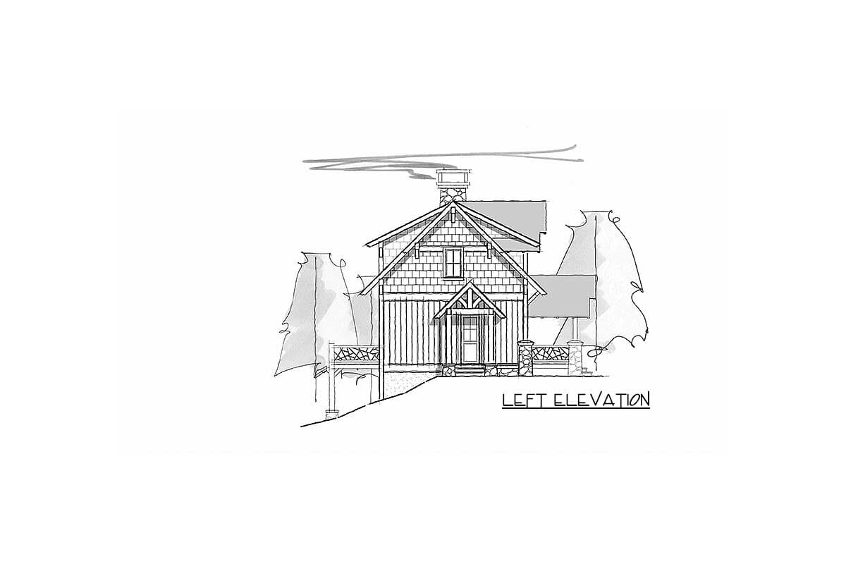 Left elevation drawing of a two-story house plan with gabled roof, prominent chimney, vertical siding, and covered porch.