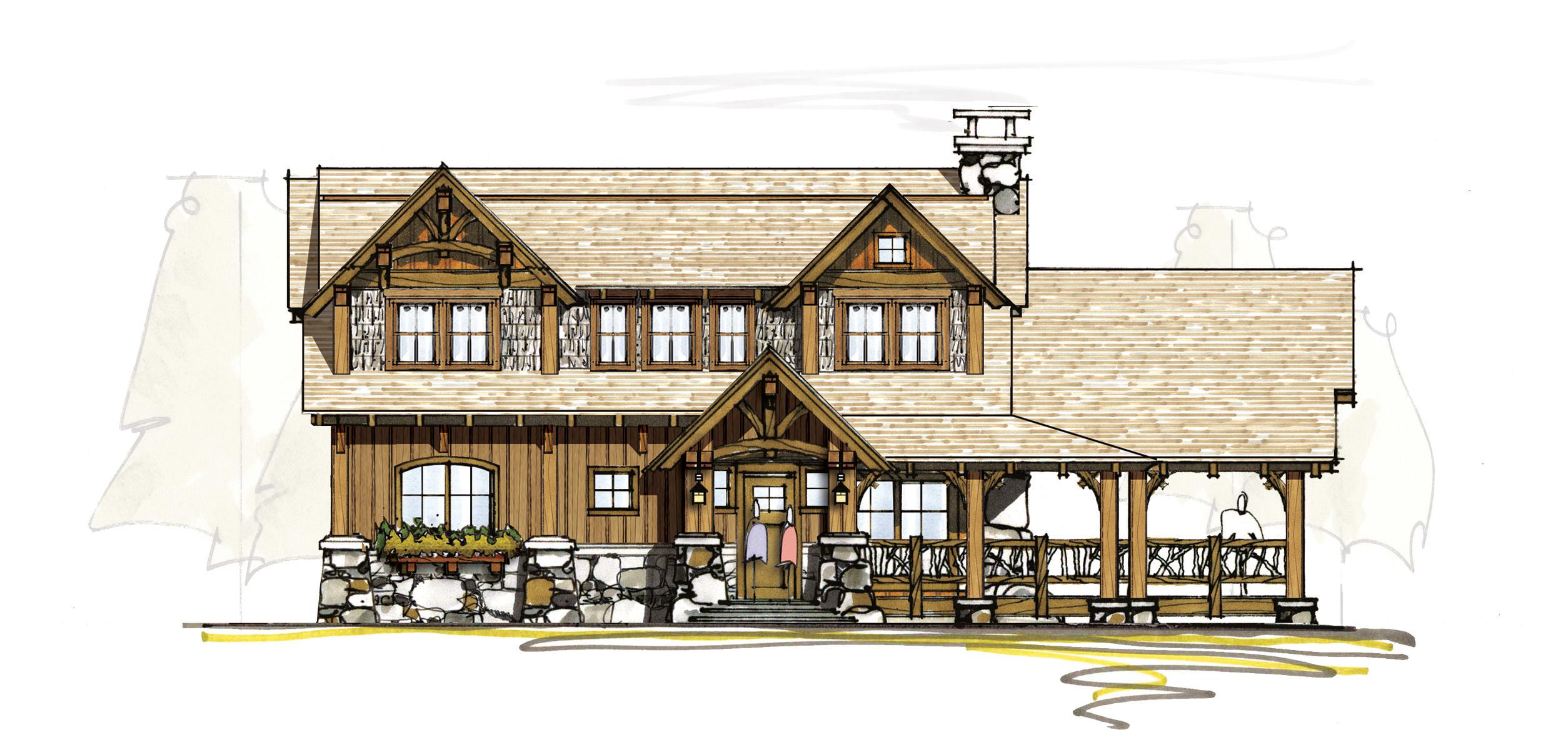 House plan exterior: Craftsman style, two stories, wood siding, stone foundation, gabled dormers, and covered porch.