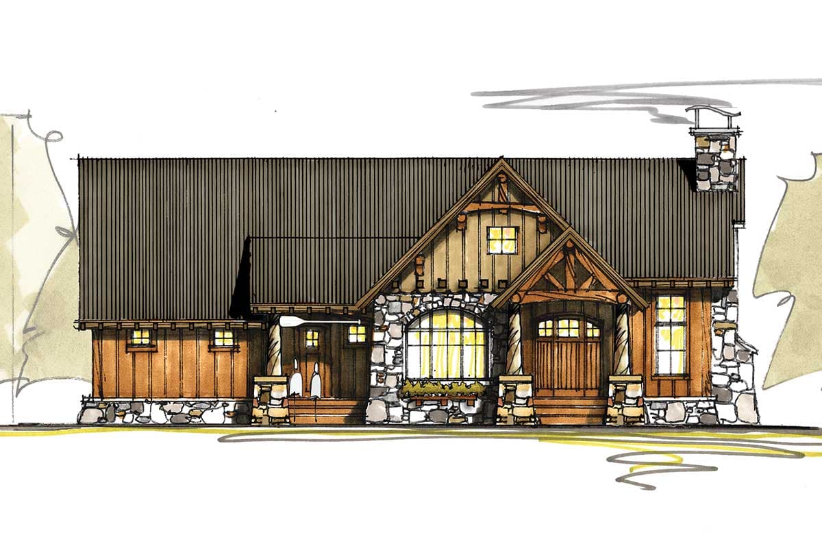 House plan exterior drawing with stone and wood siding, prominent gable entry, and tall stone chimney.