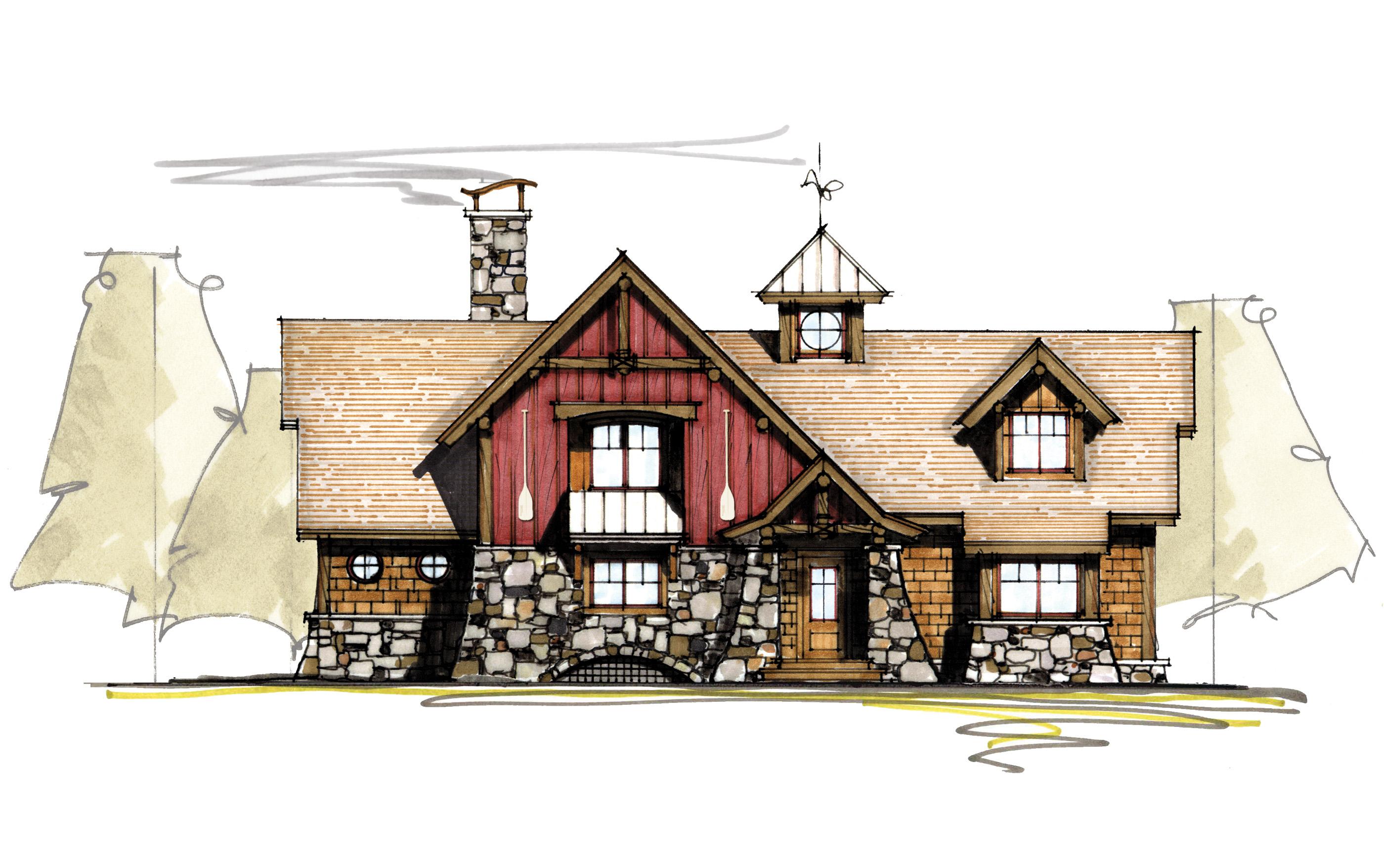 House plan exterior: Craftsman style, stone and wood facade, prominent stone chimney, dormer windows, and covered entry.