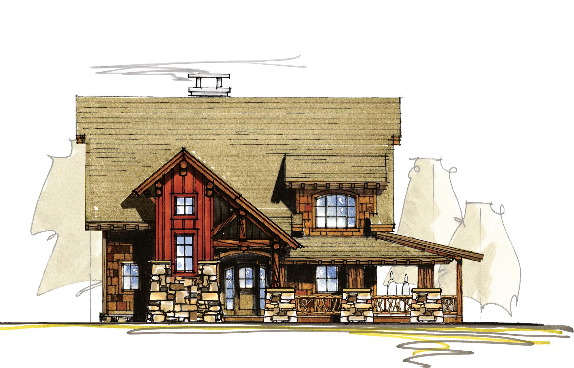 House plan exterior with a steep gable roof, stone foundation, covered porch with decorative railing, and visible dormers.