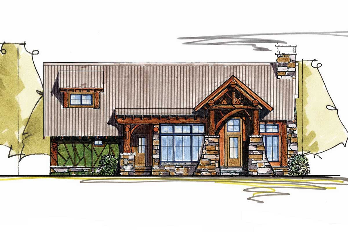 House plan exterior: one-story Mountain style with stone accents, large windows, exposed timber framing, and a prominent gabled entrance.