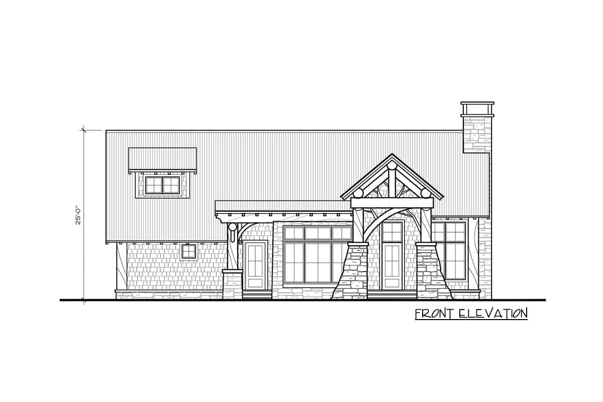 Front elevation house plan with stone accents, covered entry with exposed beams, and a dormer.