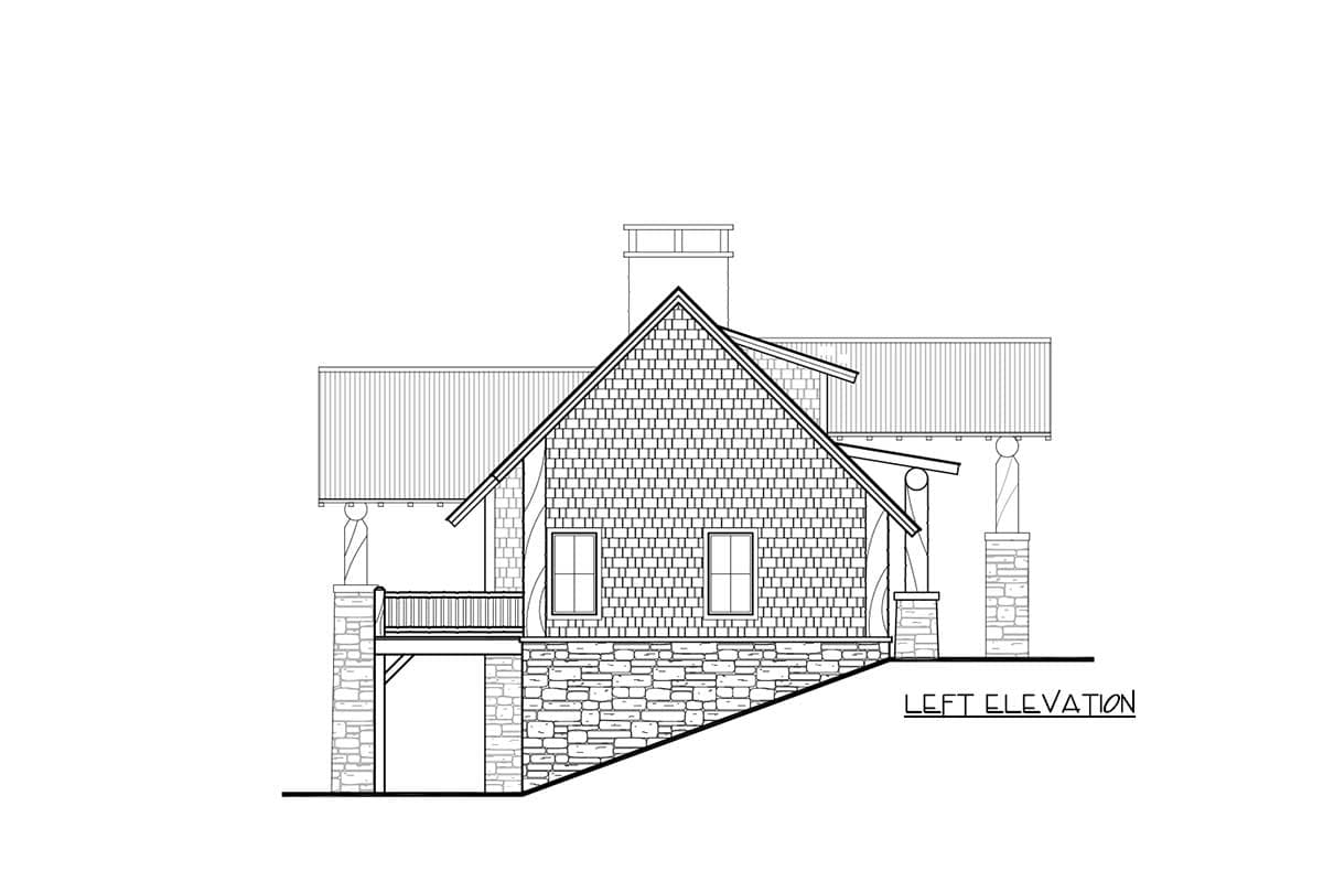 House plan, left elevation view. Features stone foundation, shingle siding, pitched roof with dormers, porch, and chimney.