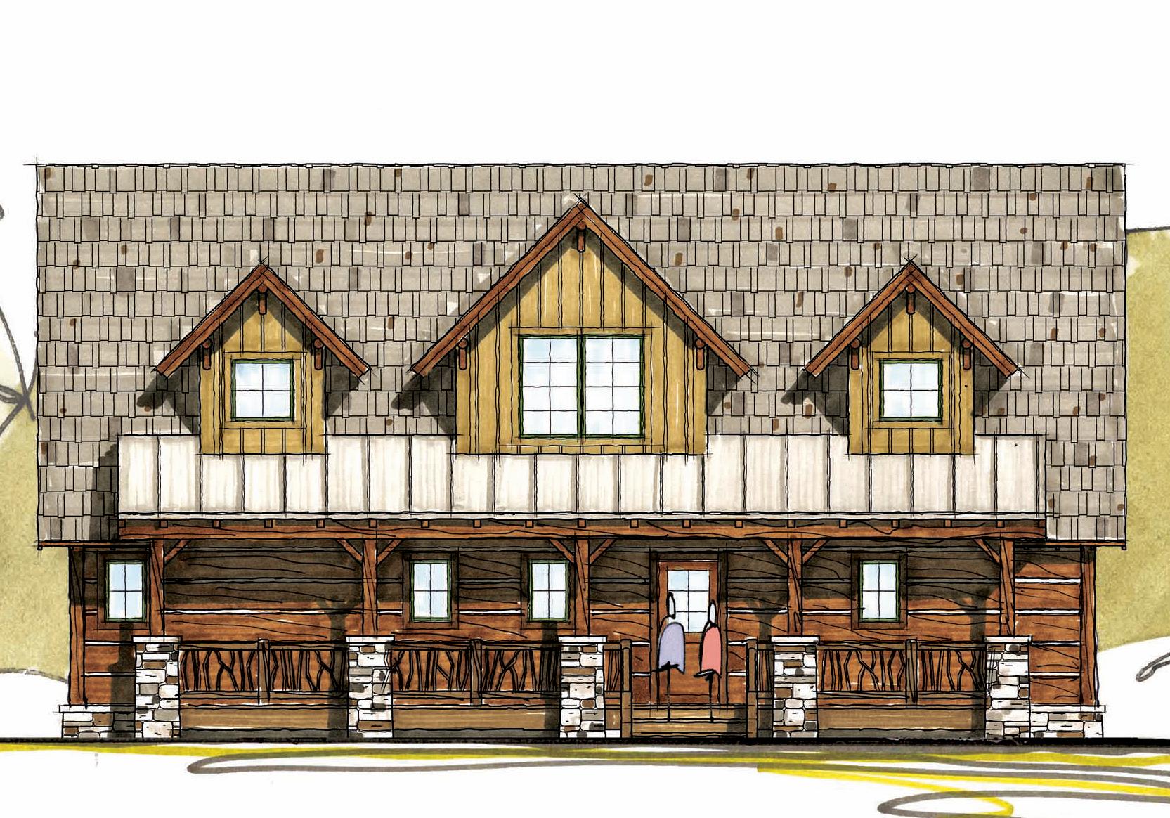 House plan exterior for a two-story log home with a full-length porch, multiple dormers, and a shingle roof.