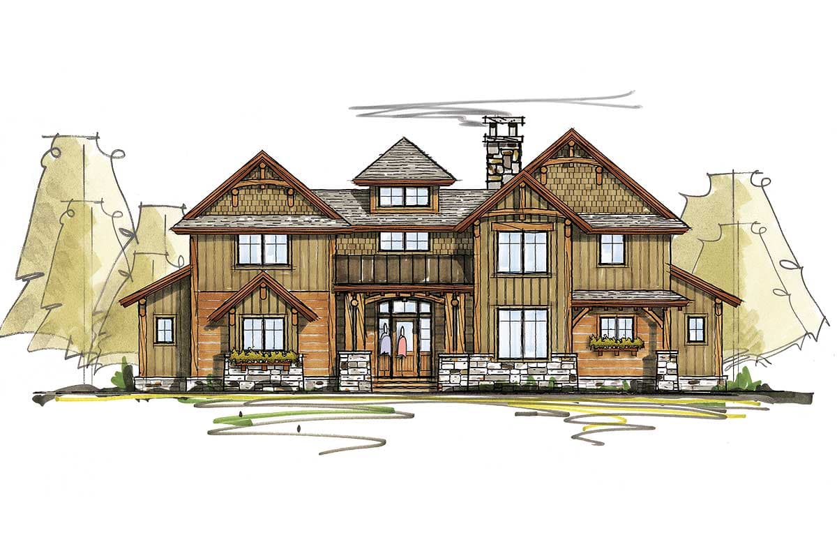 House plan exterior: two-story Craftsman style with stone accents, prominent gables, covered entry, and stone chimney.