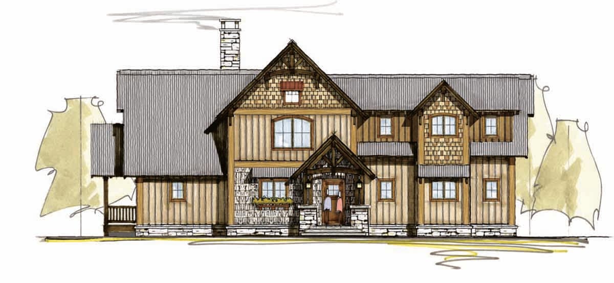 House plan exterior: A two-story dwelling with a metal roof, prominent gables, stone foundation, and a covered entry porch.