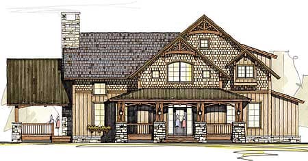 House plan exterior: Lodge-style home with stone chimney, wrap-around porch, and mixed siding.