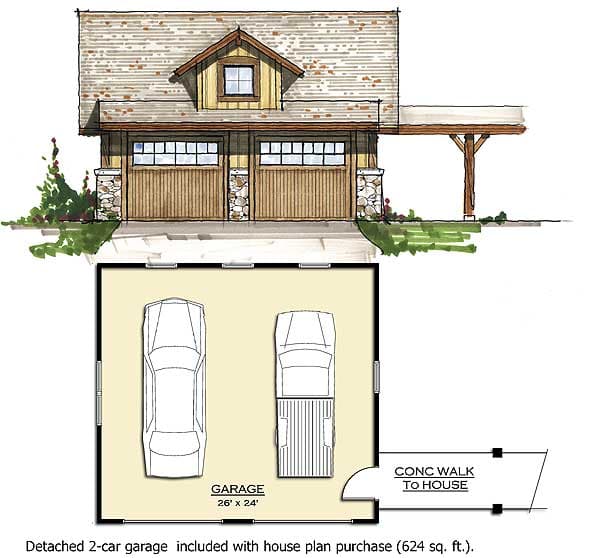 House plan exterior: two-story garage with dormer, stone accents on posts, and two wood garage doors.