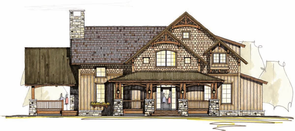House plan exterior: Timber frame accents, stone chimney, multiple gables, and covered front porch with stone piers.