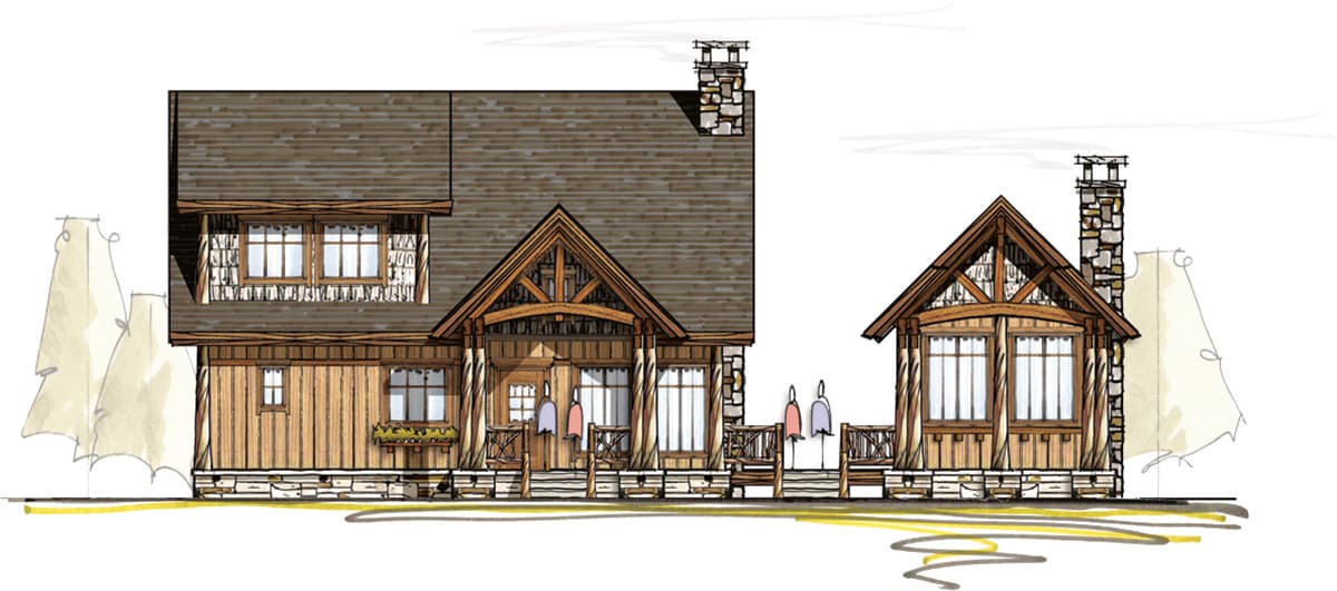 House plan exterior: Rustic style, two stories, with gables, stone chimney, covered porch, and wood siding.