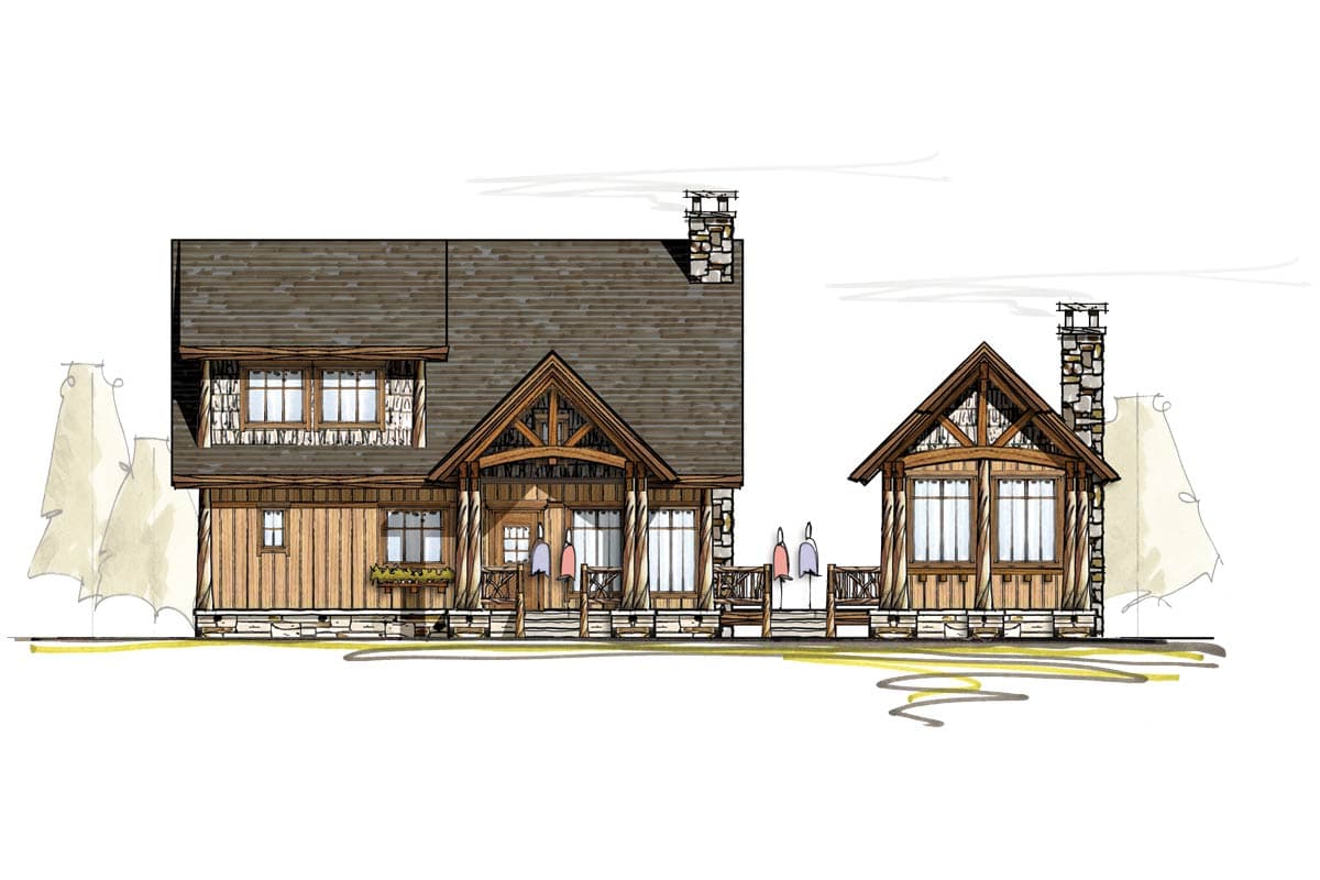 House plan exterior: Two-story home with wood siding, stone foundation, large front porch, and prominent gabled rooflines.