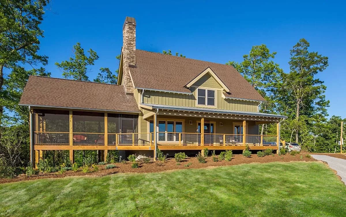 House plan exterior with Craftsman style. Features a screened porch, a gable roof, and a chimney. The house is two stories with a covered deck.