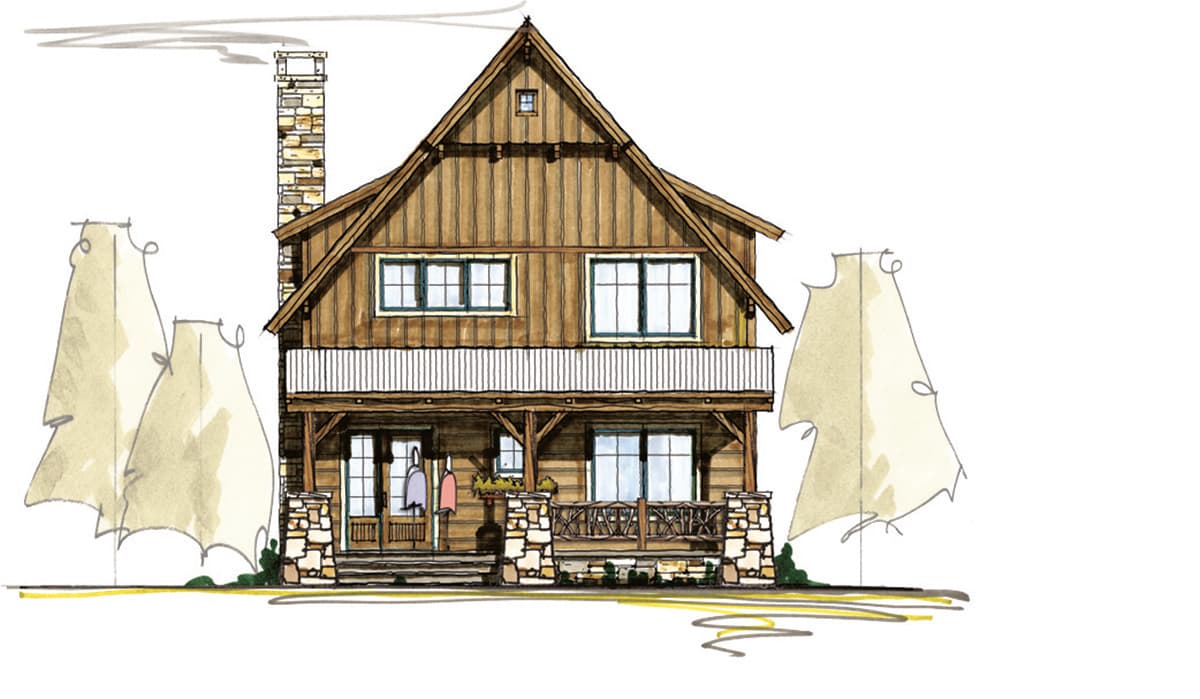 House plan exterior: Rustic two-story home with a prominent stone chimney, covered porch with wood railings, and a second-story balcony.