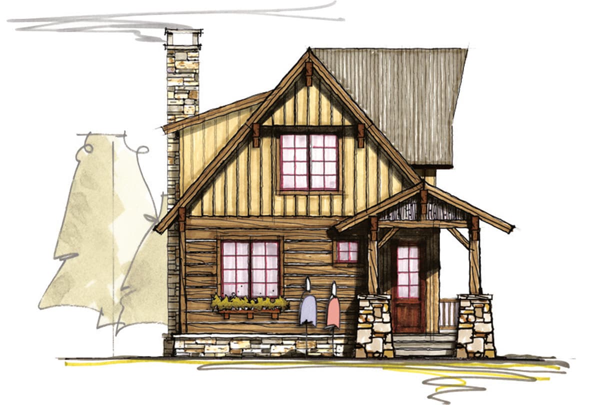 House plan exterior of a two-story cabin with a stone chimney, timber framing, multiple gables, and a covered front porch.