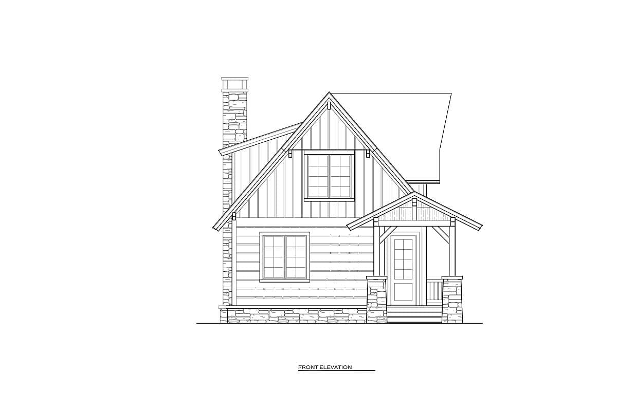 Front elevation drawing of a two-story house plan with a gabled roof, stone foundation, and covered front porch with stone supports.