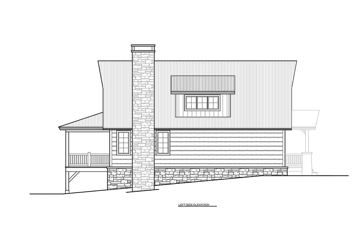 Left side elevation of house plan showing stone chimney, covered porch, horizontal siding, and stone foundation.