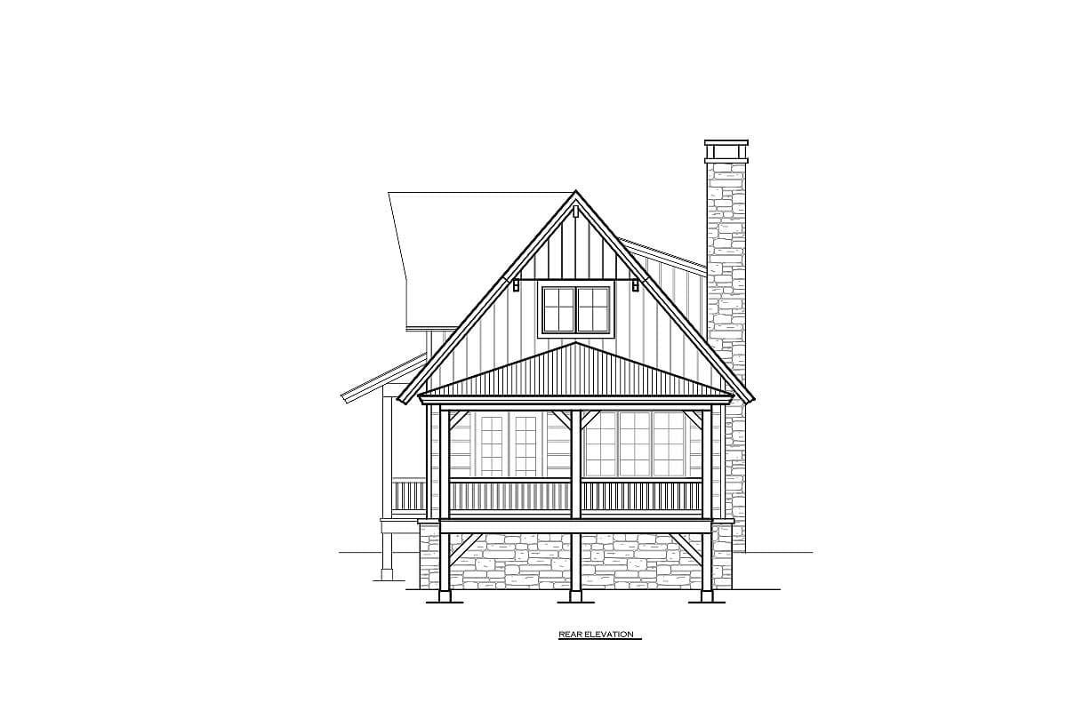 Rear elevation drawing of a house plan featuring a gable roof, covered porch with stone base, and stone chimney.