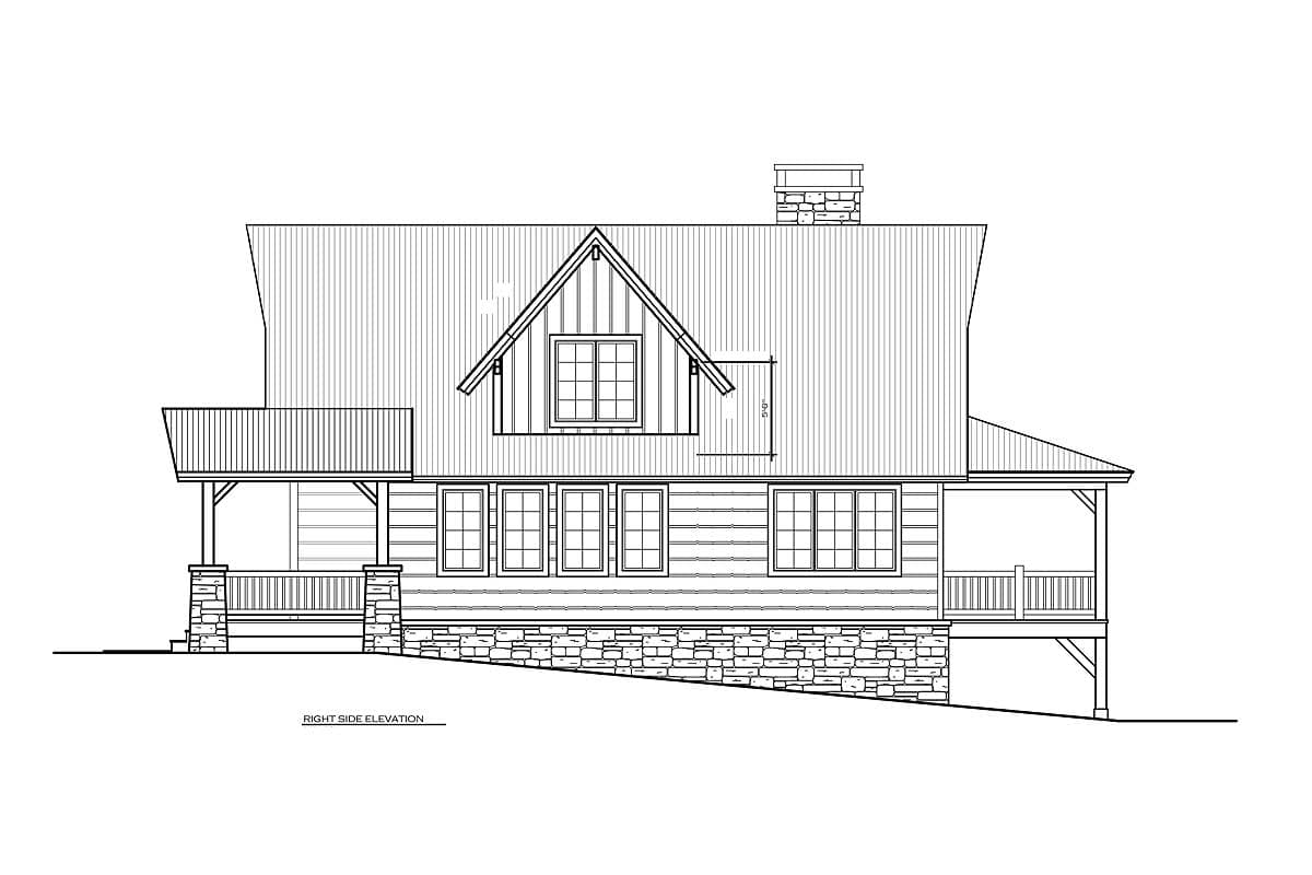 Right side elevation house plan showing a two-story home with a metal roof, stone foundation, gabled dormer, and wraparound porch.