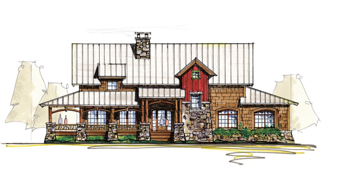 House plan exterior: Rustic style with wraparound porch, stone accents, metal roof, and prominent gabled dormer.