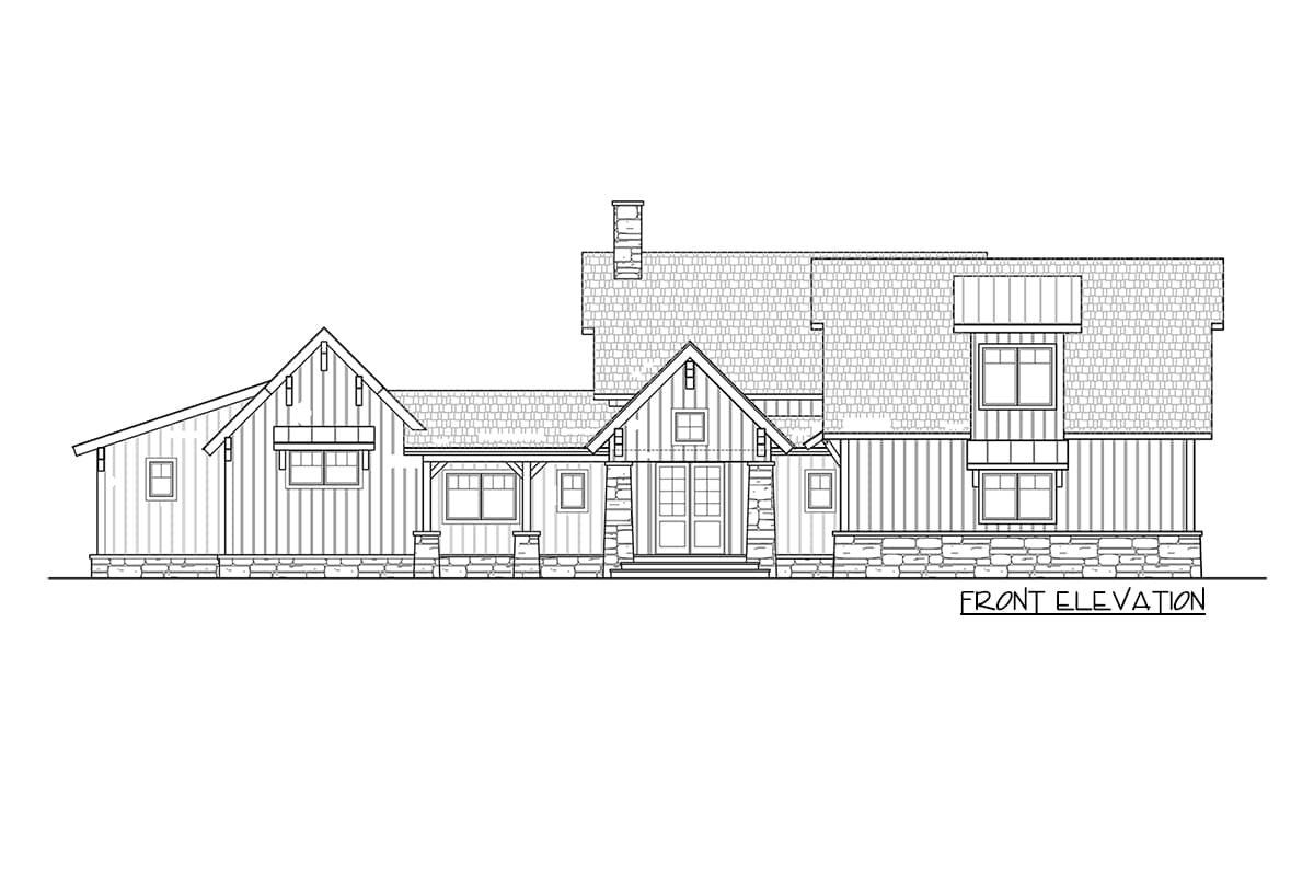 Front elevation of a two-story house plan featuring board and batten siding, stone accents, gable roofs, and a covered porch.