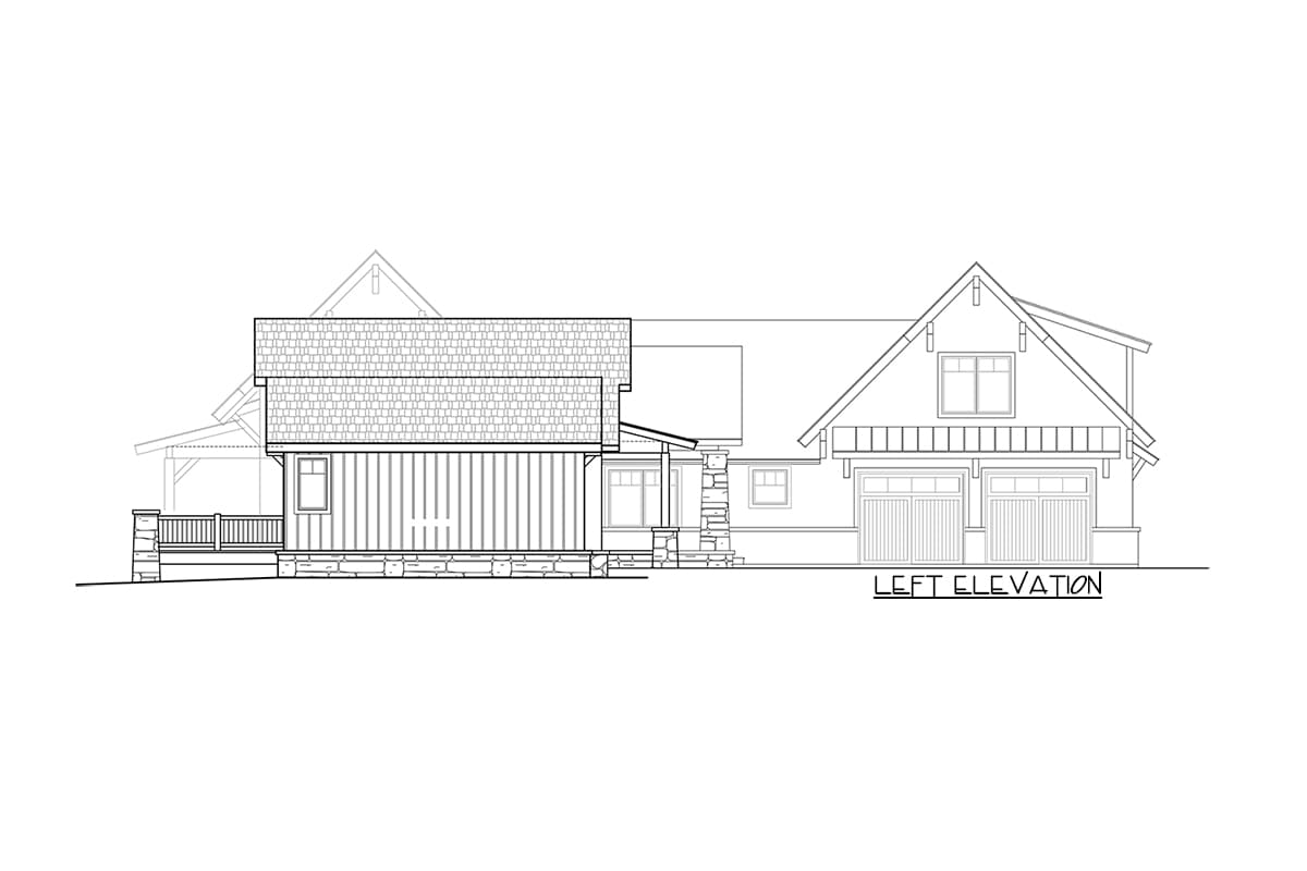 Left elevation house plan showing a covered porch, stone foundation, vertical siding, and a two-car garage with gabled dormer.