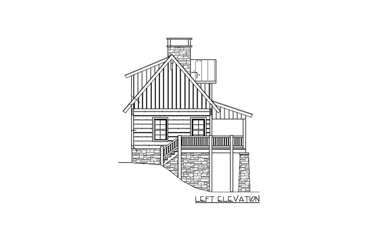 Left elevation house plan with stone foundation, covered porch, double-hung windows, and gable roof with shed dormer.