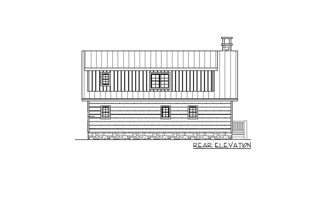 Rear elevation house plan showing log siding, stone foundation, multiple windows, and a metal roof with a chimney.