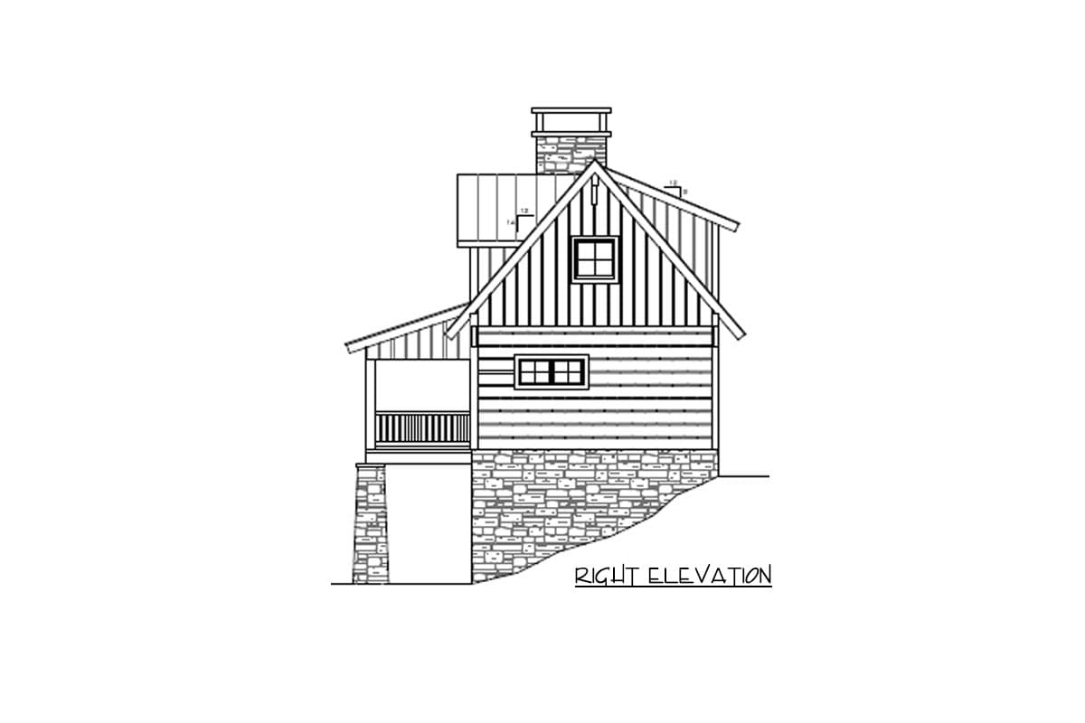 Right elevation house plan: Gable roof, stone foundation, covered porch with railings, and a stone chimney.
