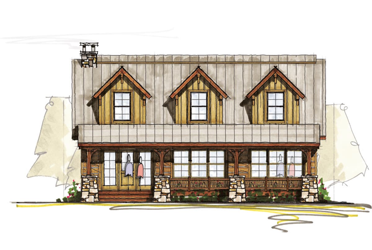 House plan exterior: two-story modern farmhouse with metal roof, three gables, and wraparound porch with stone accents.