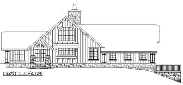 Front elevation drawing of a single-story house plan with prominent gables, stone foundation, large arched window, and covered porch.
