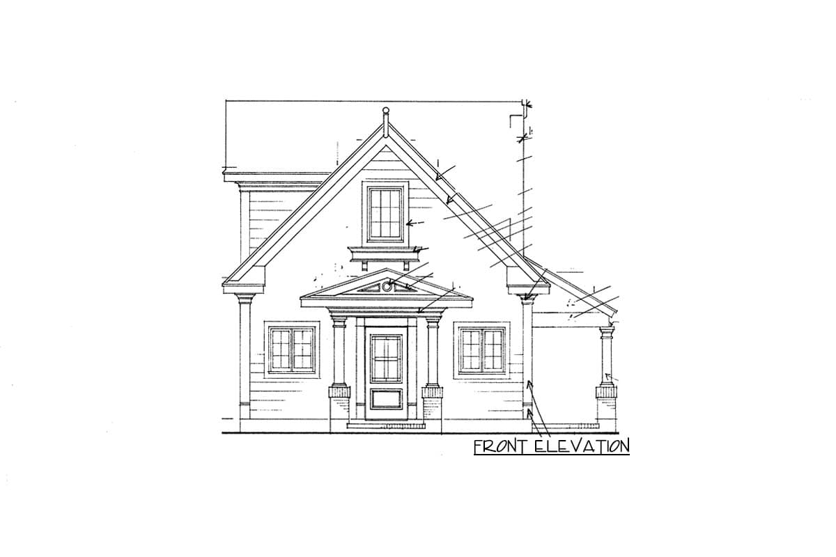 Front elevation house plan drawing showing a gabled roof, entry porch with columns, and symmetrical window placement.