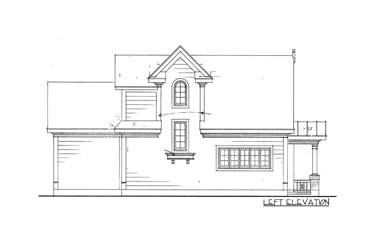 House plan left elevation showing a gambrel roof, arched window, and covered porch with columns.