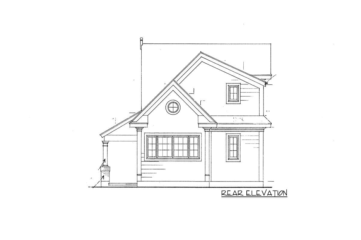 Rear elevation drawing of a two-story house plan with gables, dormers, a portico, and detailed window designs.