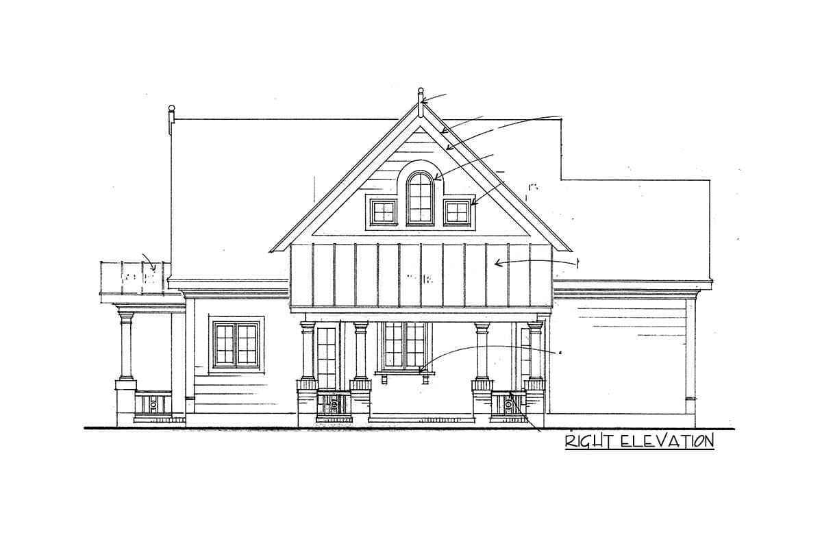 Right elevation house plan drawing with prominent gable, arched dormer window, and covered porch with columns.