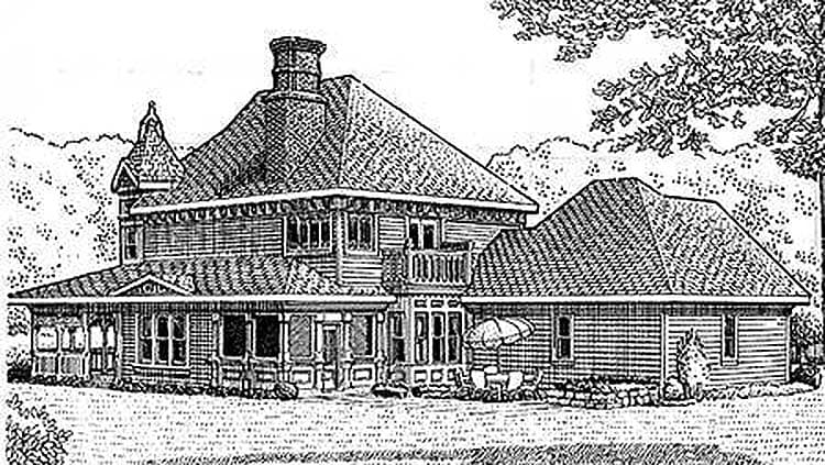 House plan exterior shows a two-story house with a wrap-around porch, balcony, prominent chimney, and attached garage.