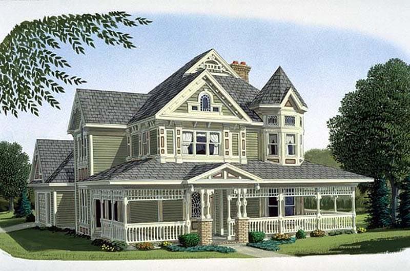 House plan exterior of a Victorian-style home with a wraparound porch, bay window, and turret.