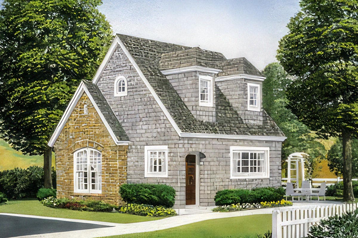House plan exterior shows a two-story home with stone and shingle facade, multiple gables, and dormer windows.