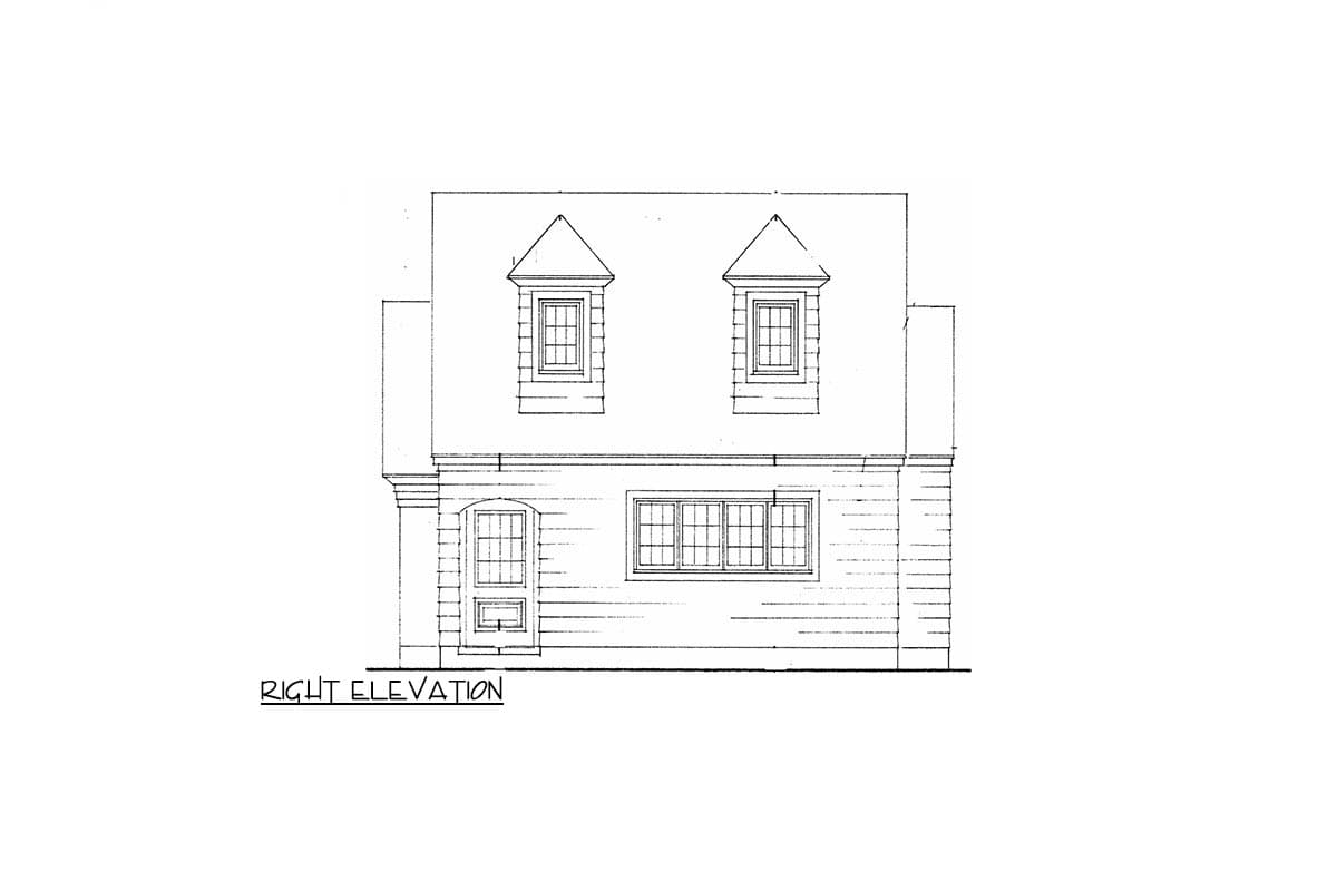 Right elevation drawing of a two-story house plan featuring two dormer windows and a multi-pane front door with a large bay window.
