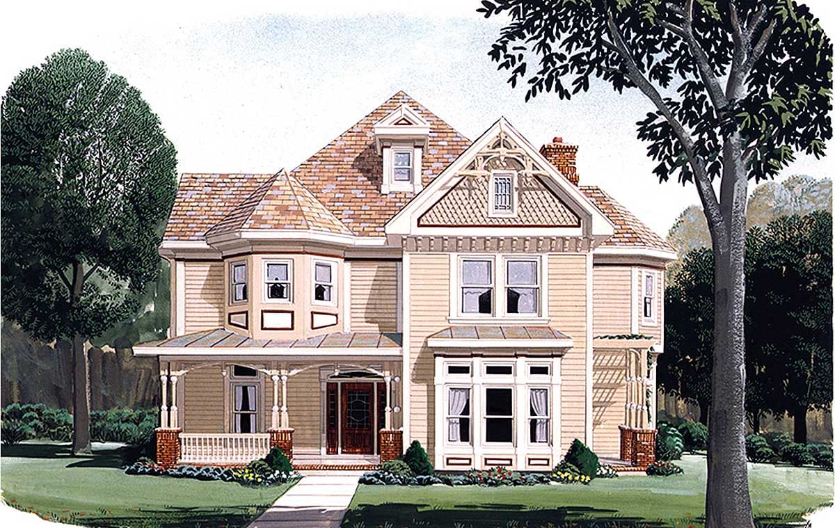 House plan exterior. Two-story Victorian style home with a wrap-around porch, multiple gables, bay windows, and a hipped roof.