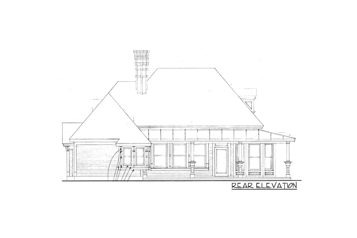 Rear elevation drawing of a house plan featuring a prominent roofline, chimney, porch with columns, and multiple windows.