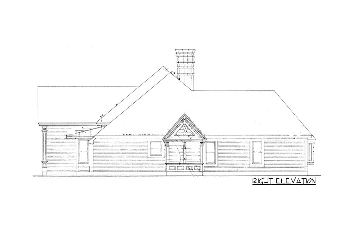 Right elevation of a house plan featuring a gabled entryway, a prominent chimney, and a prominent roofline.