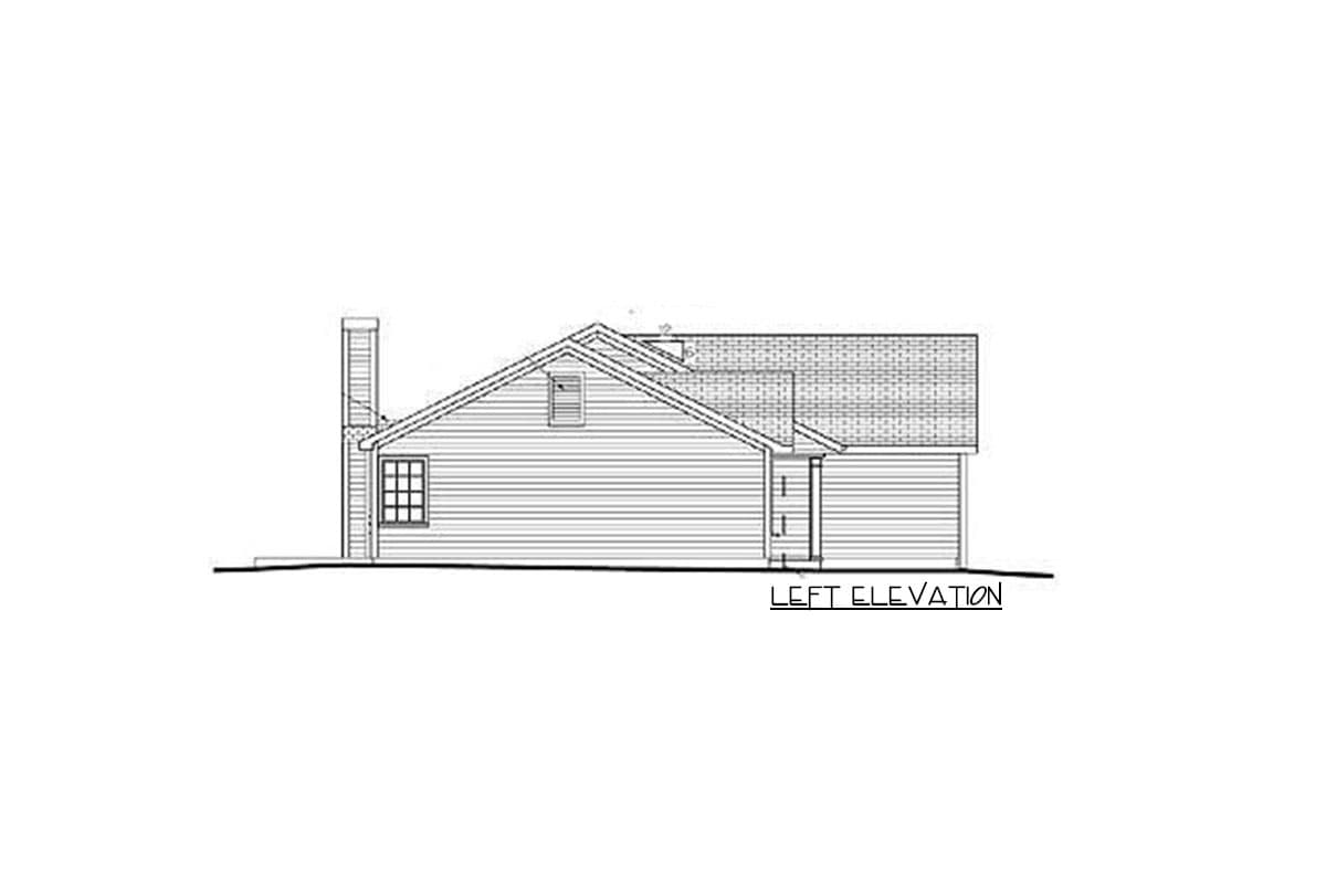 Left elevation house plan with a visible chimney, grid window, and sloped rooflines.