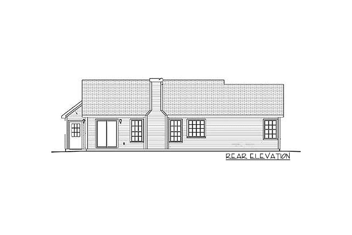 Rear elevation house plan showing a single-story structure with a gable roof, chimney, front door, sliding glass door, and multiple windows.