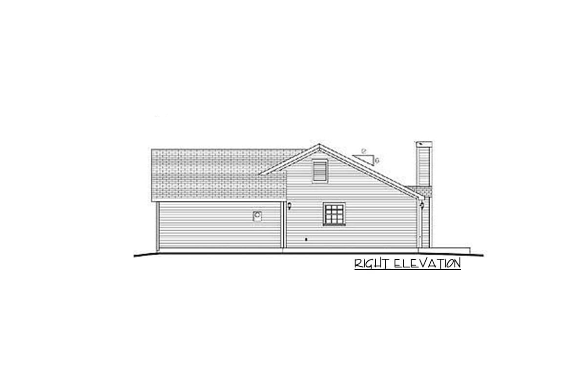 Right elevation drawing of a house plan showing a garage, pitched roof, dormer, and chimney.
